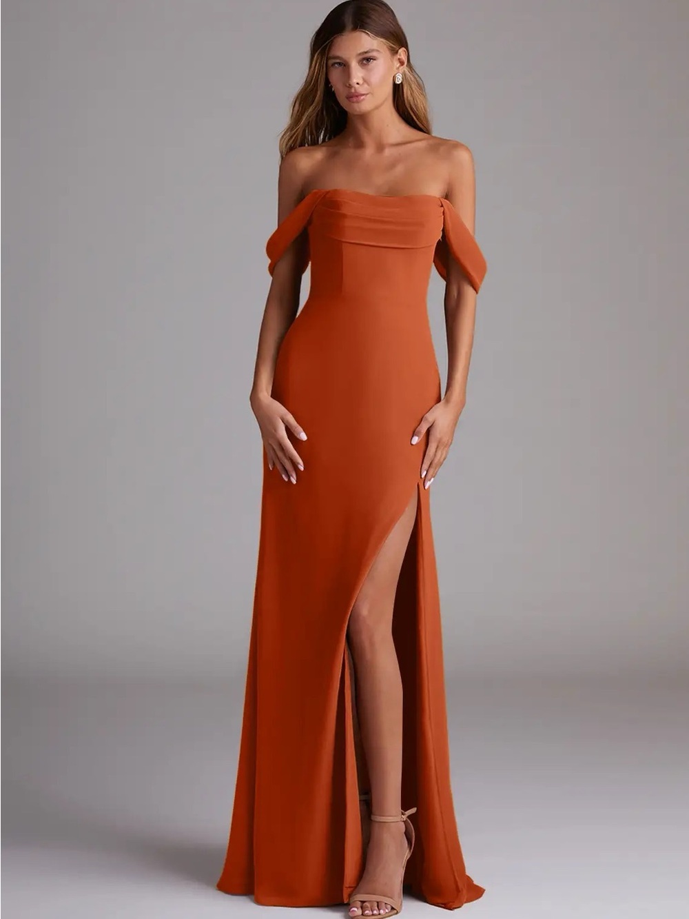 Azazie Saige: Burnt Orange A-Line Off the Shoulder Chiffon Convertible Dress